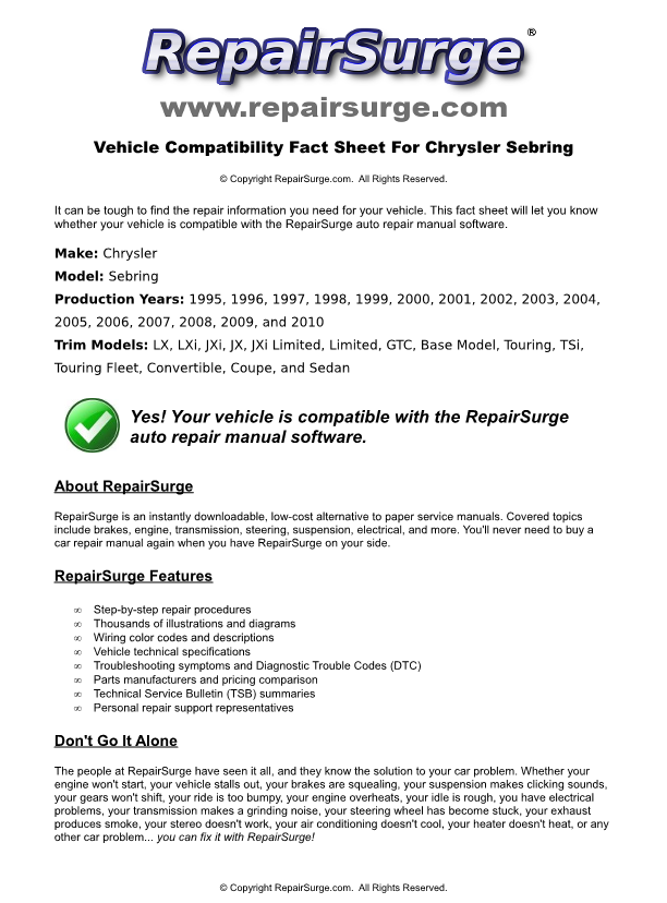 Chrysler Sebring Service Repair Manual Online Download 1995, 1996